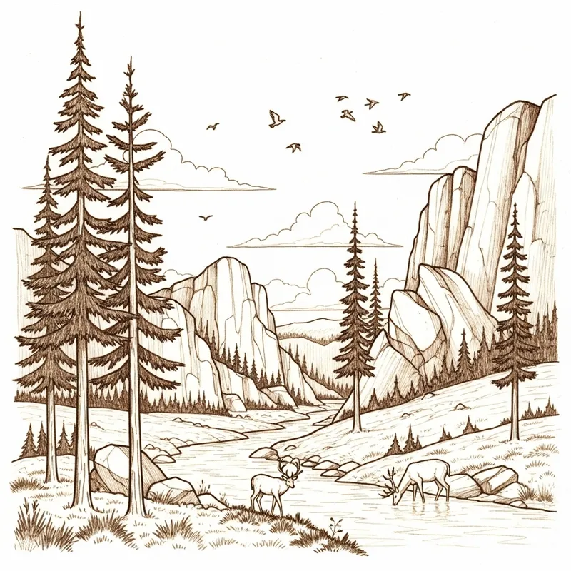Rustic Wood Burning Sketch for Tranquil Landscape Art