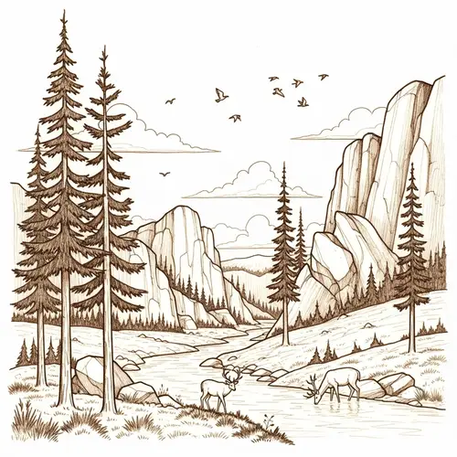 Tranquil Natural Landscape Pencil Sketch for Wood Burning Art