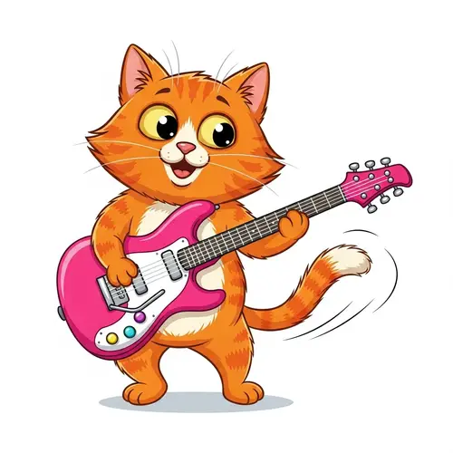 Orange Cartoon Cat Playing Pink Electric Guitar