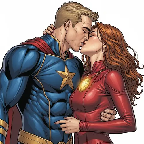 Intense Embrace: Navy Blue Man & Crimson Woman Kiss