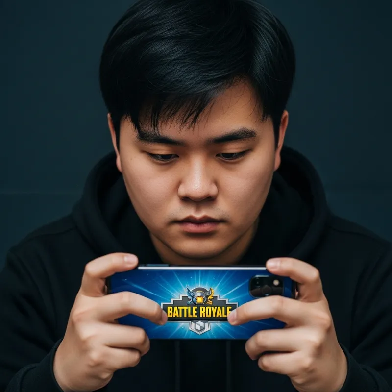Asian Man Playing PUBG on Mobile Phone Round Face