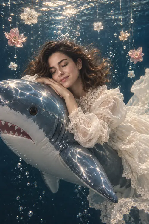 Dreamy Underwater Fashion Editorial with Inflatable Shark