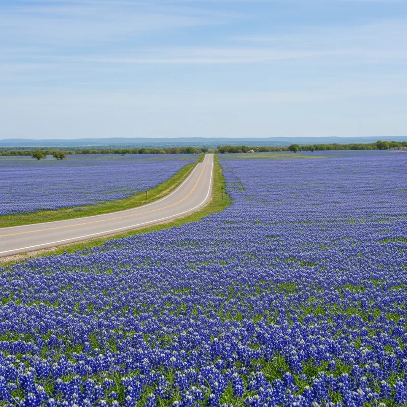 Beautiful Bluebonnet Fields with a Serene Road