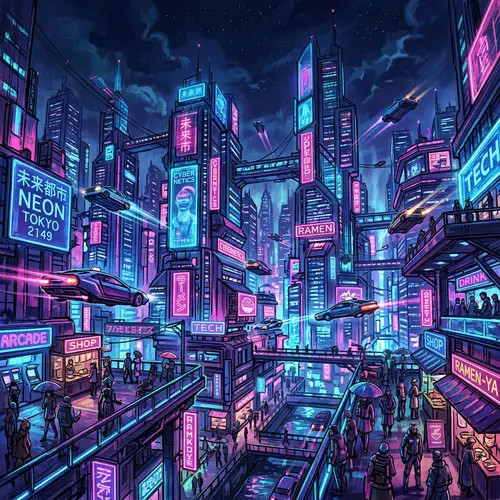 Cyberpunk Cityscape: Neon Lights, Flying Cars, Skyscrapers