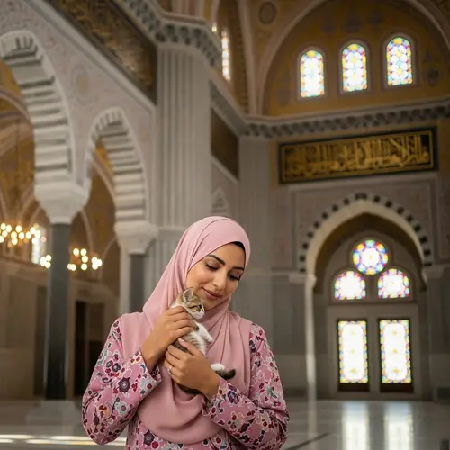 Middle-Eastern Woman in Traditional Baju Kurung Embracing Kitten