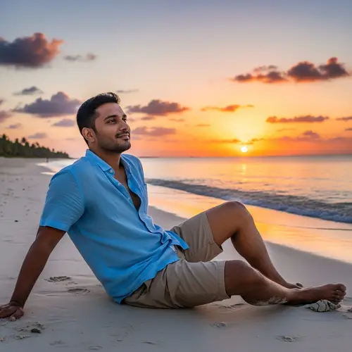 South Asian Man Relaxing on the Beach at Sunset