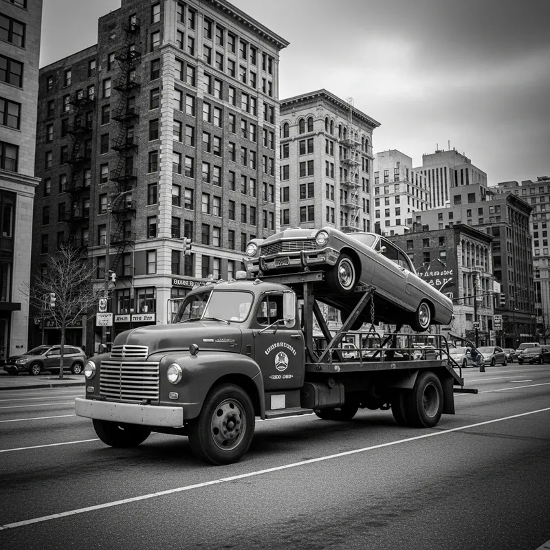 Vintage Tow Truck & Classic Car - Cityscape Noir Photography Vintage Tow Truck & Classic Car - Cityscape Noir Photography
