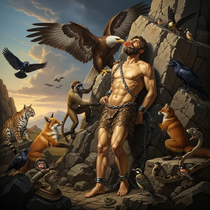 Prometheus Tethered to Rock: Teased by Animals