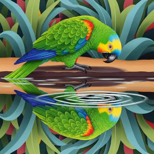 Vibrant Parrot Reflection in Pond | Modern Art Style