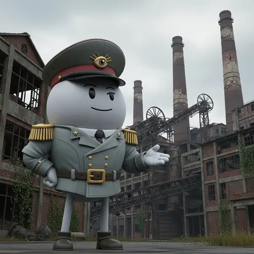 Confident Smesharikov in Military Outfit at Destroyed Factory