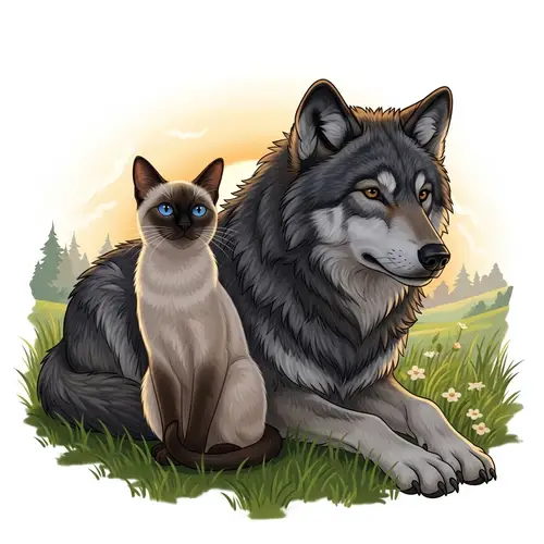 Siamese Cat and Wolf in Peaceful Meadow | Unexpected Friendship