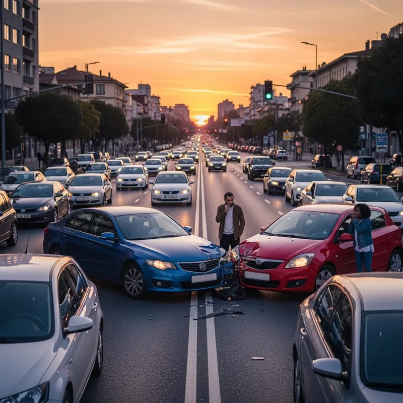 Road Accident on Busy City Street at Dusk