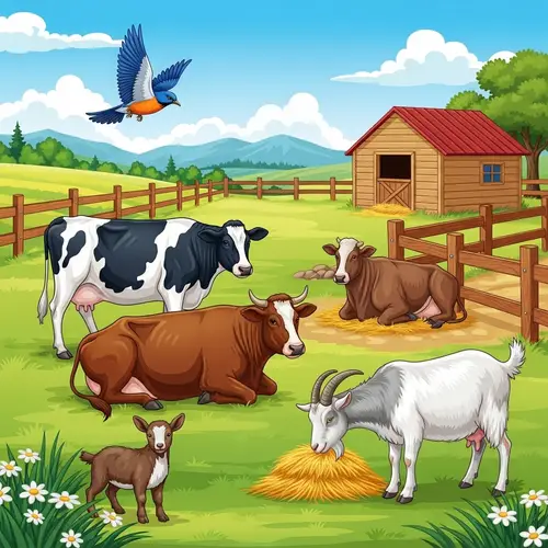 Harmonious Rural Scene with Diverse Animals - Farm Illustration