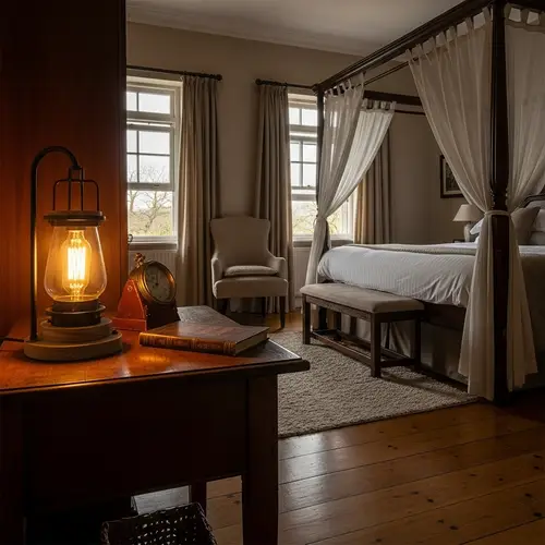 Cozy Night Bedroom Scene with Rustic Table Lamp