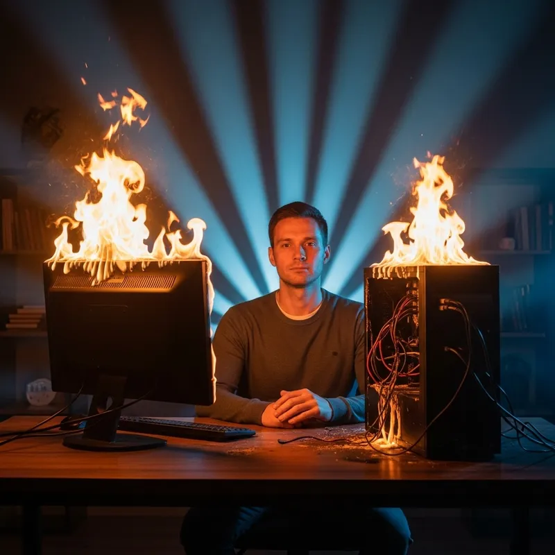 Calm Man Facing Flaming Computer | Intense Scene Calm Man Facing Flaming Computer | Intense Scene