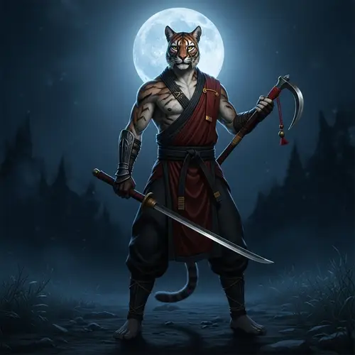 Khajiit Monk with Kama Weapon in Moonlight