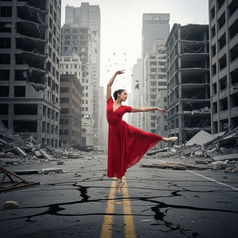 Elegant Ballerina in Red Dancing in City Ruins