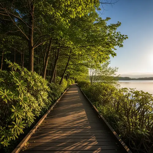 Wooden Path in Park by Lake | Sunlit Scenery