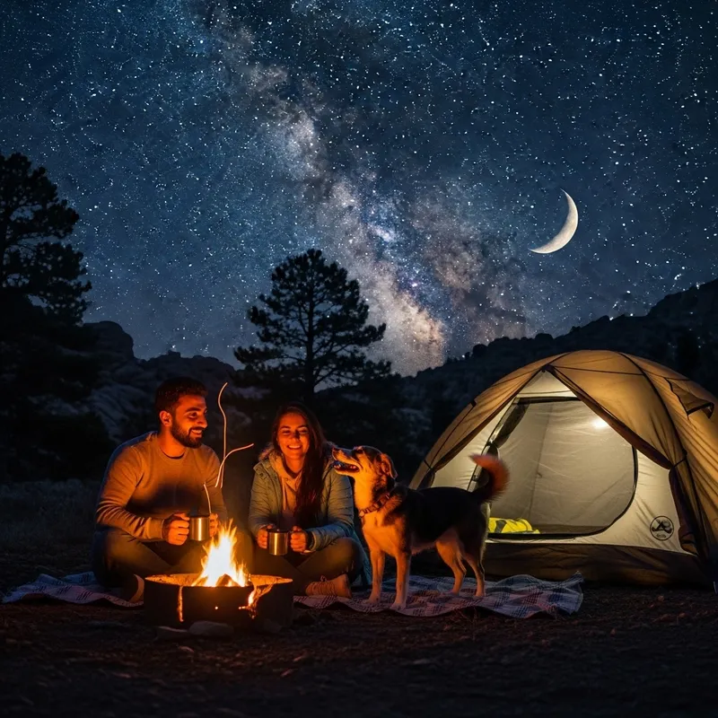 Couple Camping with Small Dog in Nature