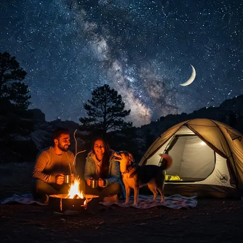 Middle-Eastern Couple Camping under Starlit Sky with Dog