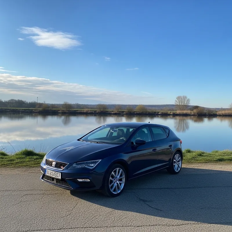 Dark Blue Seat Leon Parked by Tranquil Riverside - Captivating HD Image