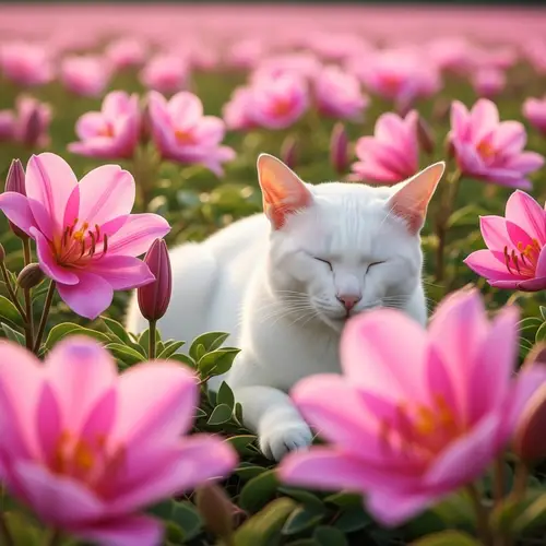 White Cat Among Pink Flowers - Beautiful Nature Scene