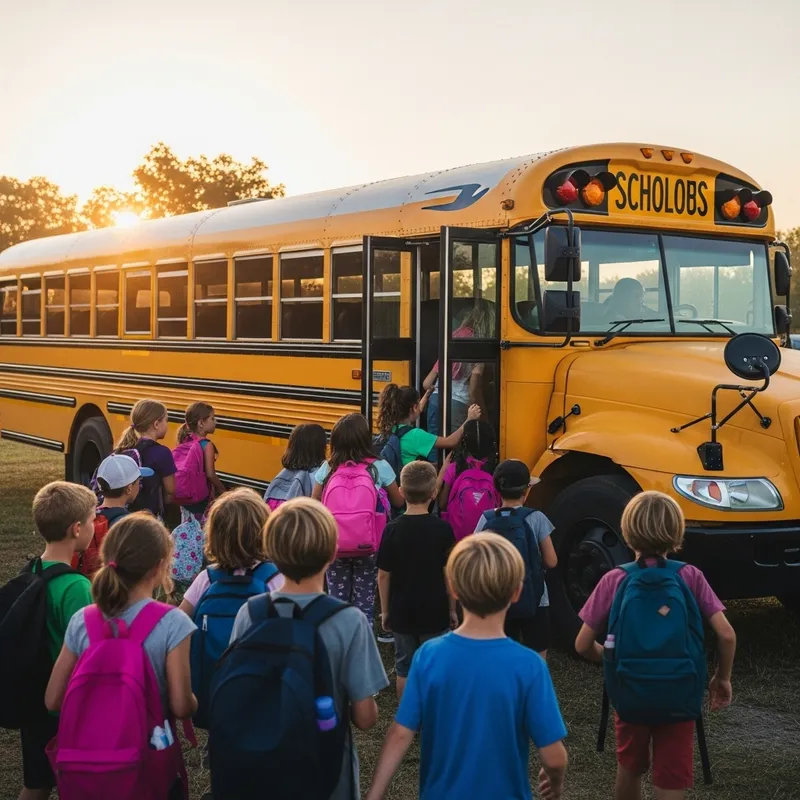 Bright Yellow School Bus at Sunrise: Kids Boarding in Dream-like Scene