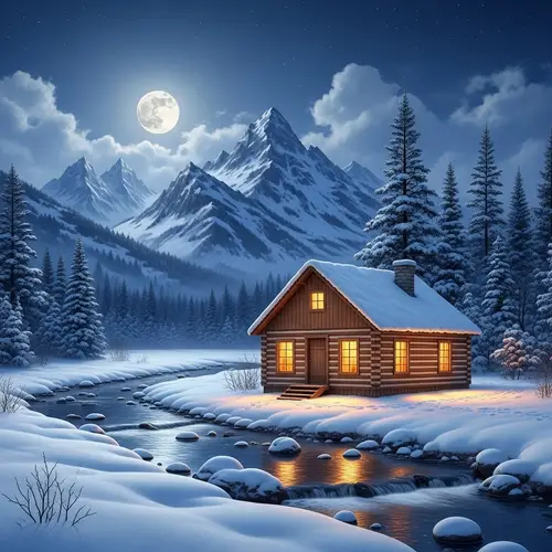 Cozy Log Cabin by Mountain Stream in Winter Night