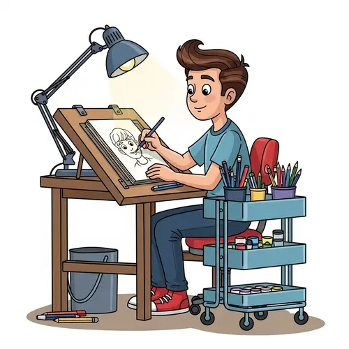 Young Male Comic Artist Illustration - Drawing Table Sketch