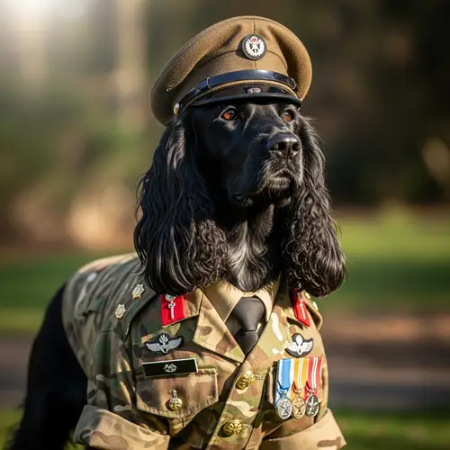 Black Cocker Spaniel in Army Uniform | Disciplined Canine Model