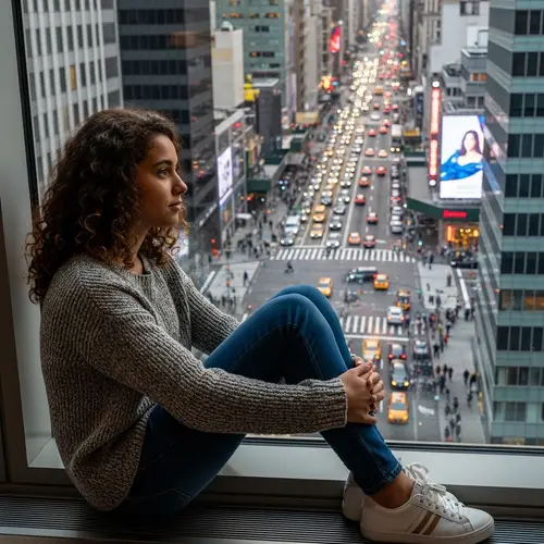 Girl in New York City Skyline | Urban View from High-Rise Building