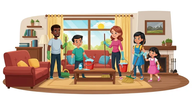 Cartoon Spring Cleaning: Multicultural Family in Cheerful Living Room Cartoon Spring Cleaning: Multicultural Family in Cheerful Living Room