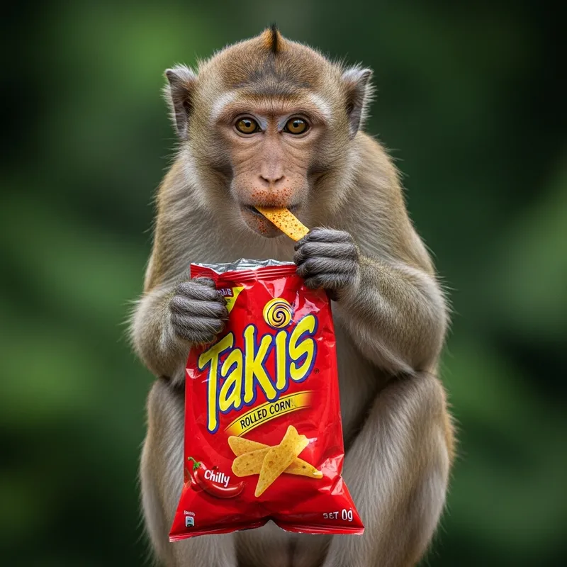 Playful Monkey Eating Takis in Lush Jungle