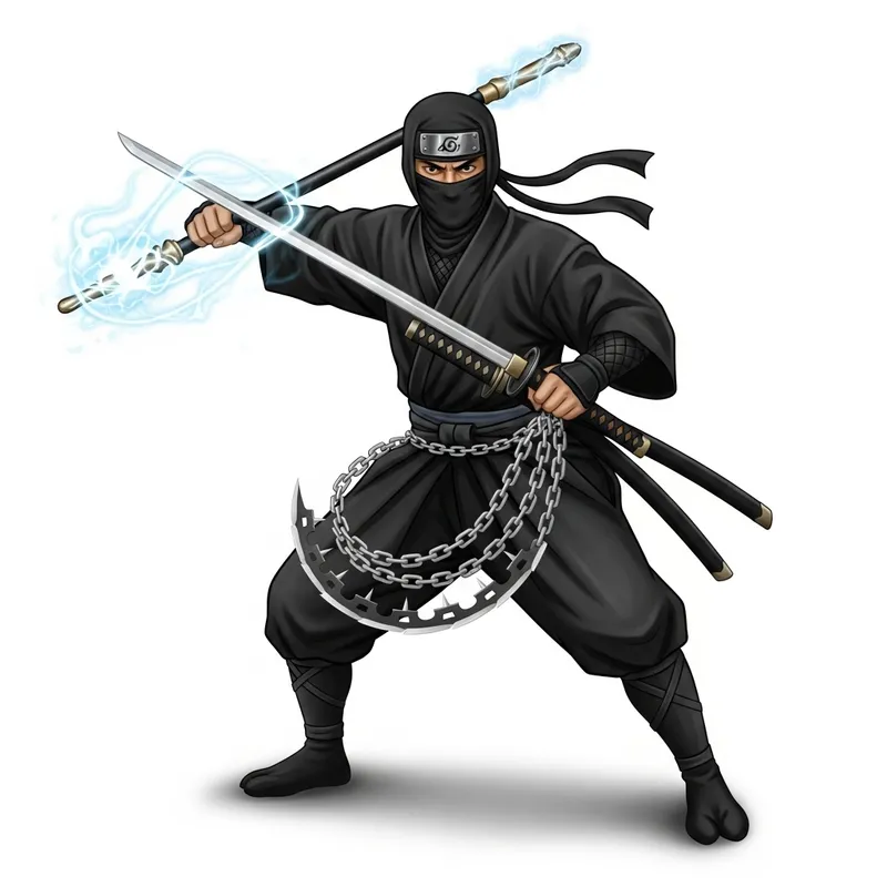 Japanese Ninja Master with Swords, Staff, and Chain Weapon