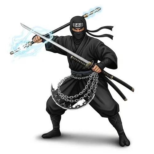 Japanese Ninja Master with Swords and Magical Staff
