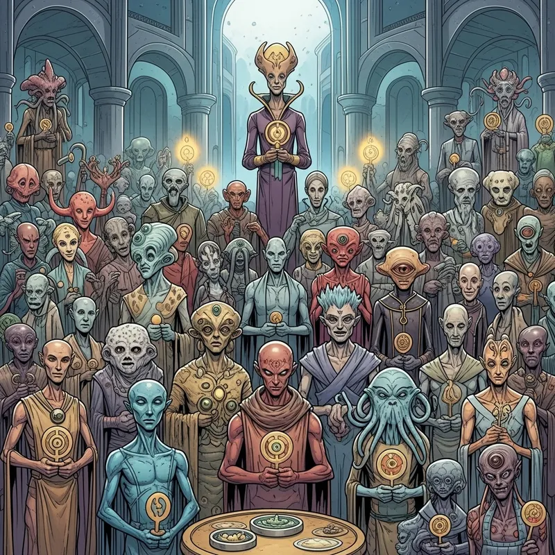 Alien Congregation in Intergalactic Spiritual Gathering