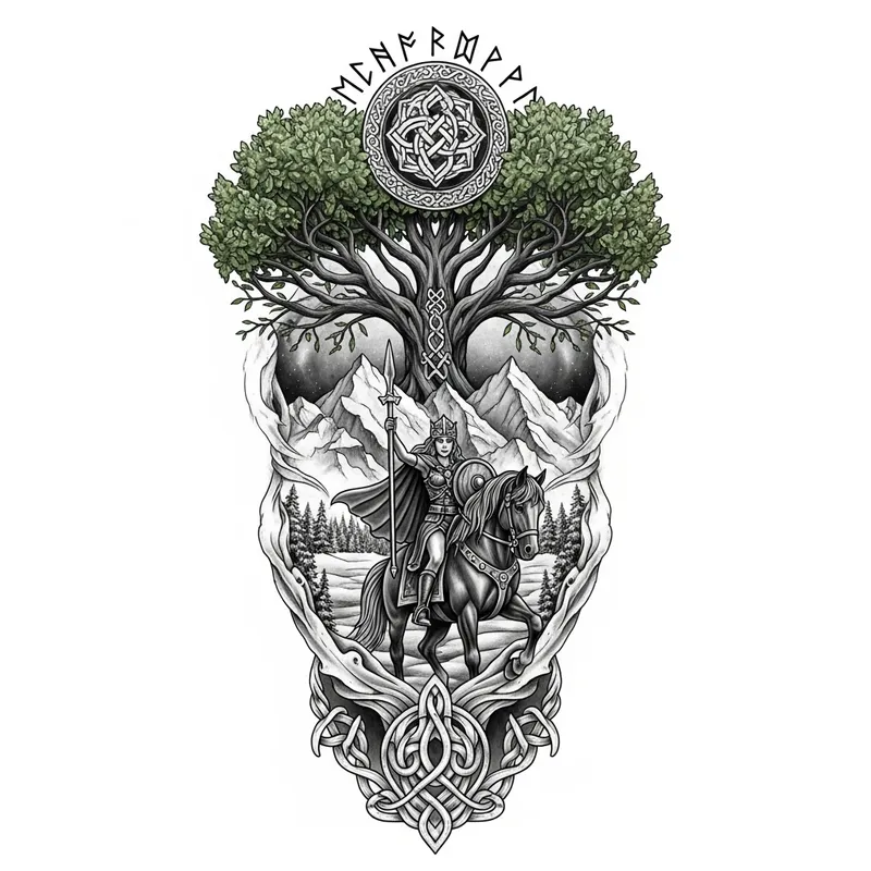 Norse Mythology Tattoo Design with Valkyrie and Yggdrasil