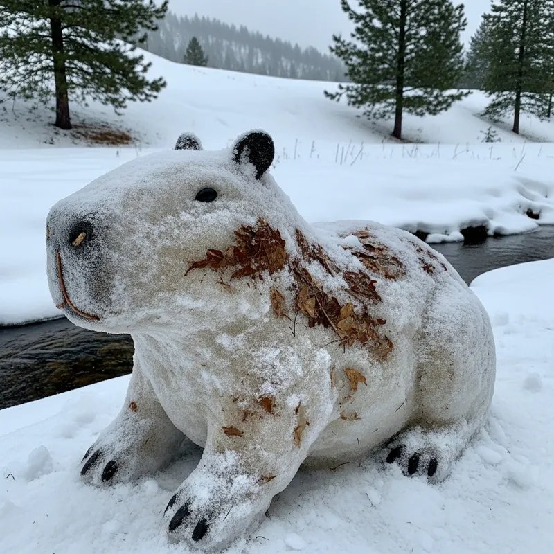 Snow Capybara Sculpture | Handcrafted Winter Art