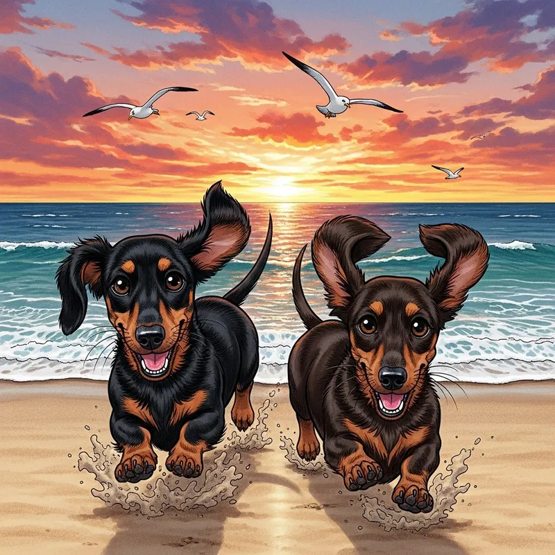 Anime Style Two Sausage Dogs Running on Beach
