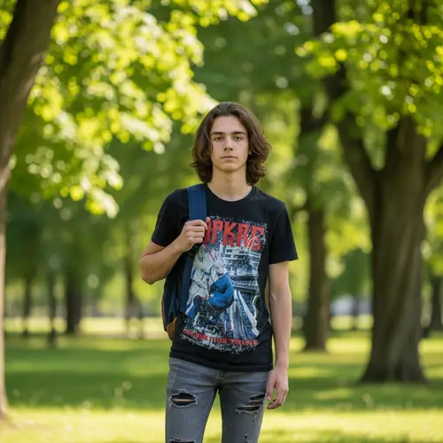 Calm Caucasian Teenager in Casual Attire at Serene Park