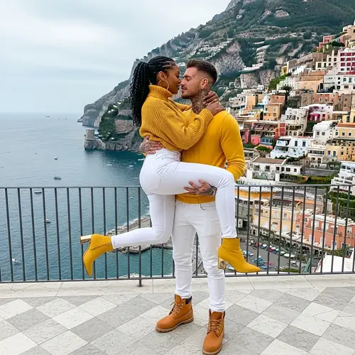 Radiant African American Woman Embraced by Striking Italian Man in Luxurious Amalfi Coast Penthouse