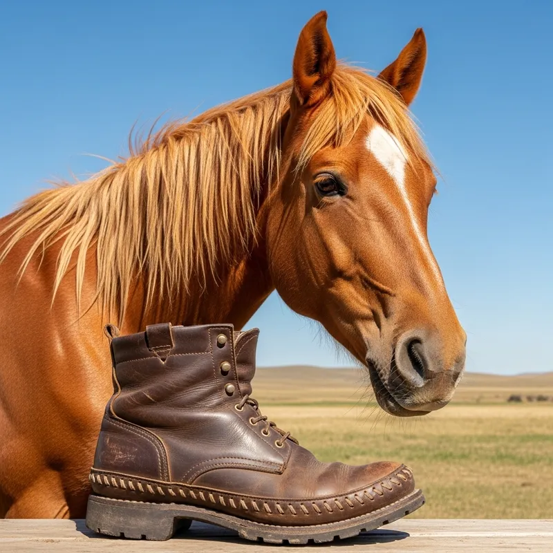 Unique Orange Horse Beside a Rustic Boot