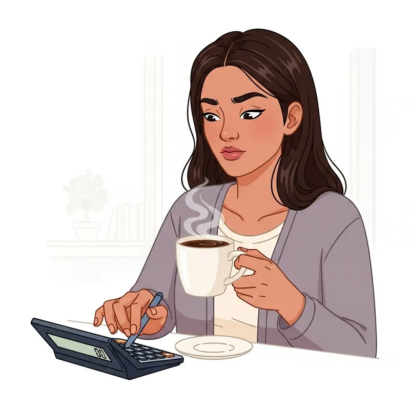 Girl with Calculator and Coffee - Efficiency Boost!