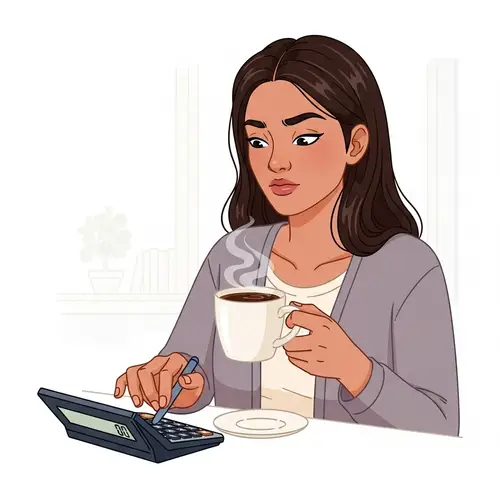 Diverse Woman Using Digital Calculator with Coffee