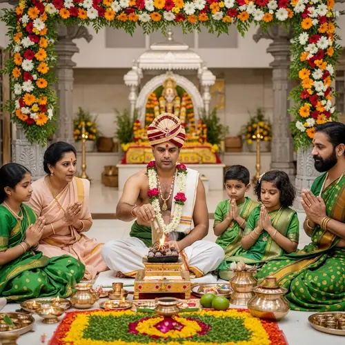 South Asian Purohit Performing Hawan Ritual in Temple with Devotee Family