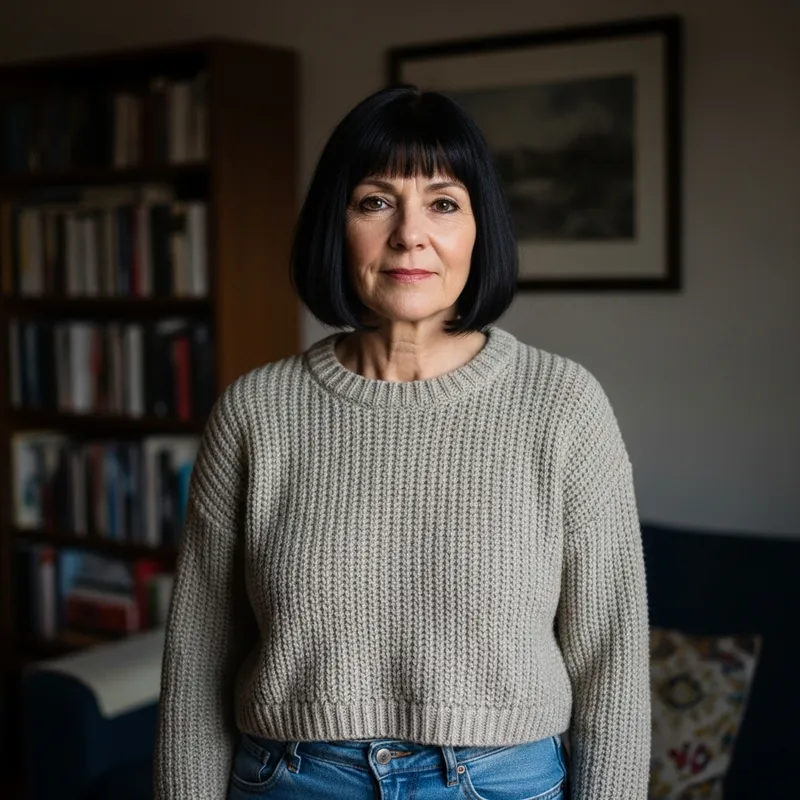 Middle-Aged Woman with Dark Chin-Length Bob Cut and Bangs