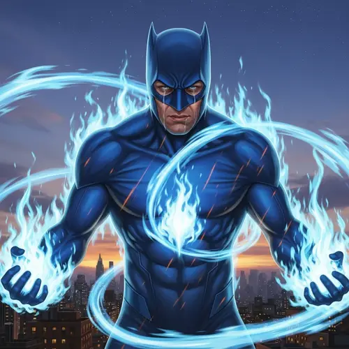Blue Fire Superhero in Vibrant Suit | Cityscape Dramatic Scene