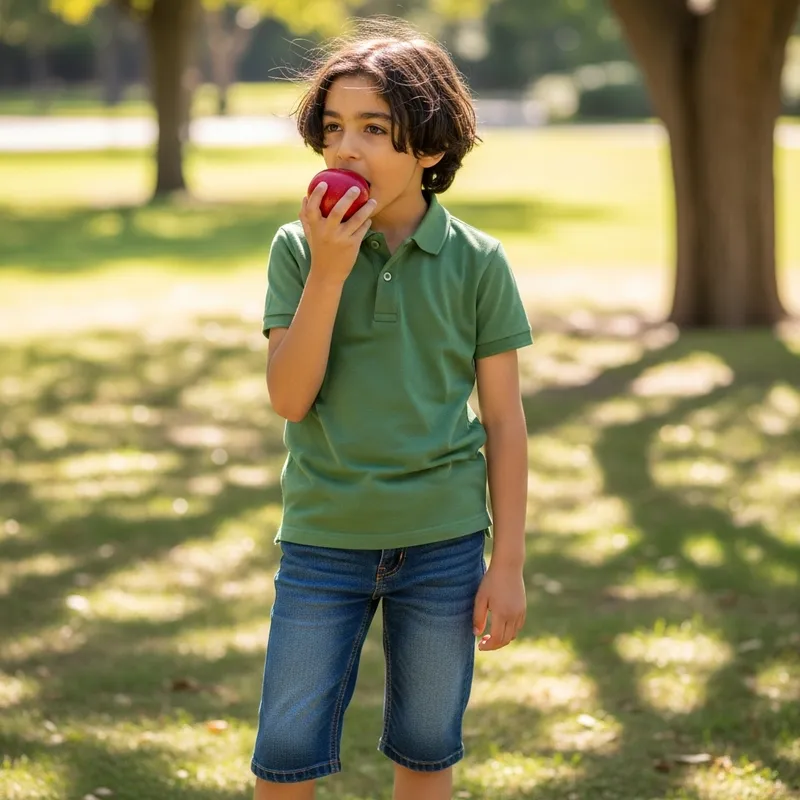 Young Boy Enjoying Apple Outdoors in Park