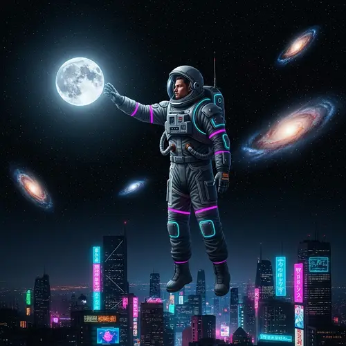 Futuristic Cyberpunk Scene with Astronaut and Glowing Moon