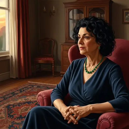 Middle-Aged Woman Oil Painting in Navy Blue Dress